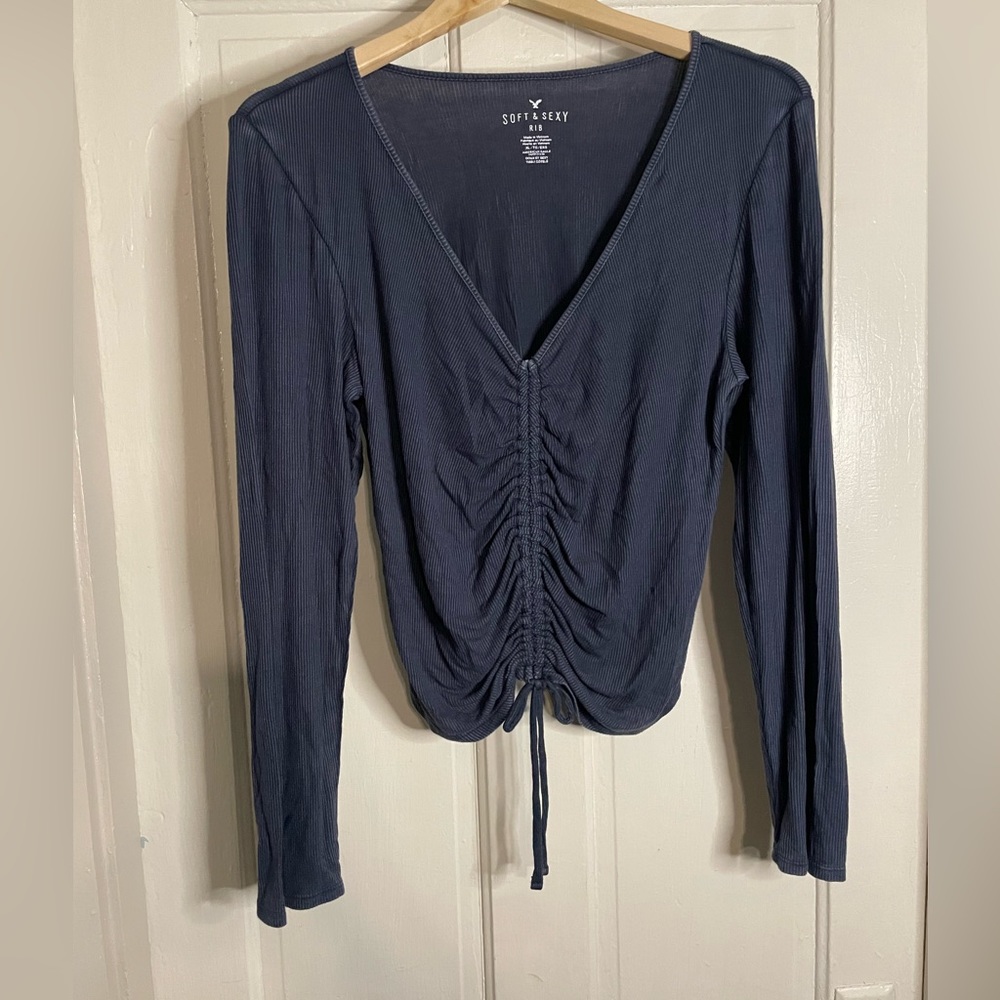 NWT American Eagle Soft & Sexy Ribbed Navy Cinch Tie Long Sleeve Rib Cropped Top